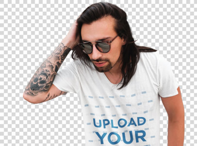 transparent t-shirt mockup of a man with an arm tattoo and long hair 43129-r-el2