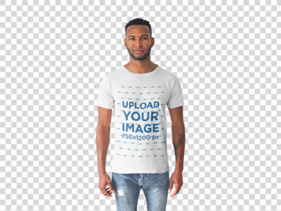 Transparent Front Shot of a Tshirt Mockup Featuring a Man in a White Room