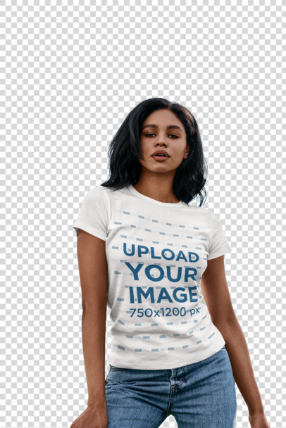 Transparent T-Shirt Mockup of a Serious Woman Posing by a Palm Tree 