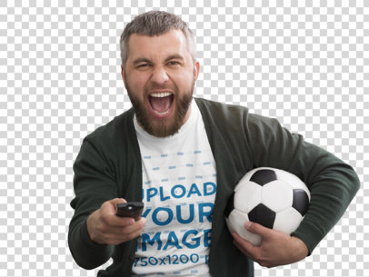 Transparent T-Shirt Mockup of a Man Watching a Soccer Match