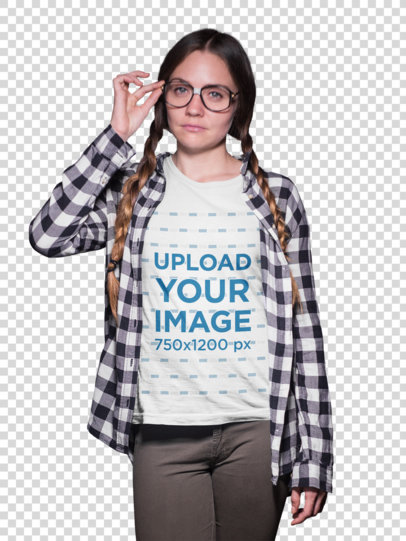 Transparent Nerd Woman with Braids Wearing a T-Shirt Mockup and Glasses