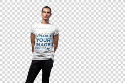 transparent t-shirt mockup of a serious man standing with his hands behind his back 24533