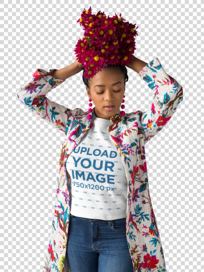 Transparent Mockup of a Woman Wearing a T-Shirt Holding Flowers Over Her Head