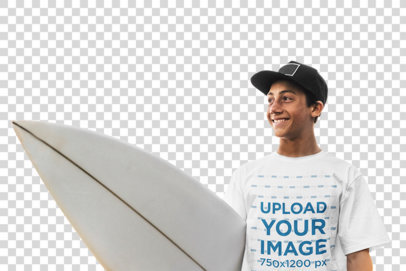Transparent T-Shirt Mockup Featuring a Smiling Man with a Surfboard 46016-r-el2