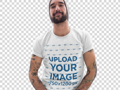 Transparent Hipster Middle Aged Man Wearing a Round Neck Tee Mockup While Lying Against a Fence