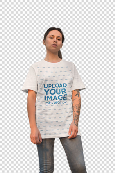 Transparent Unisex Tee Mockup of a Serious Woman Looking down at the Camera