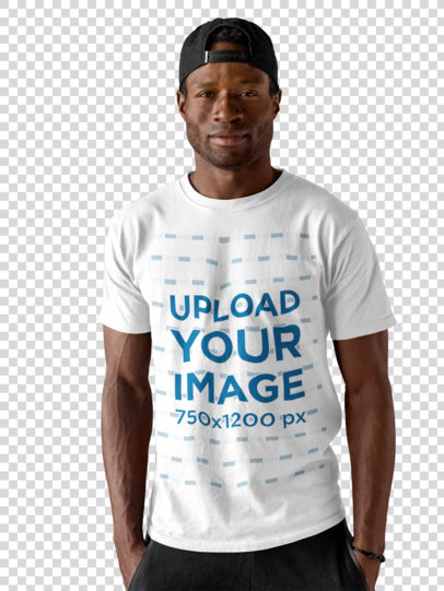 Transparent Smiling Dude Wearing a Round Neck Tee Template Against a Blue Background