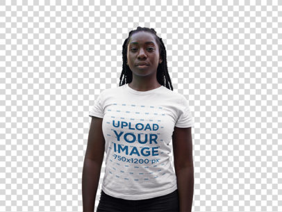 transparent t-shirt mockup of a woman with locks looking serious a15949