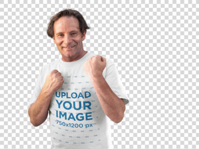 Transparent Smiling Middle Aged Man in Fighting Position Wearing a Round Neck Tee Template