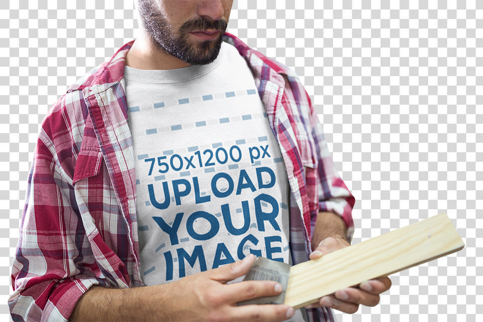 Transparent Carpenter Wearing a T-Shirt Mockup while Sanding a Piece of Wood