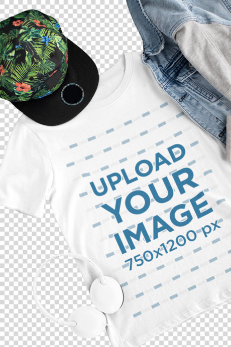 Transparent Mockup of a T-Shirt for Boys Placed Next to Headphones
