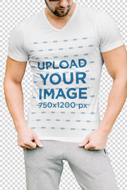Transparent V-Neck T-Shirt Mockup of a Strong Man Posing 