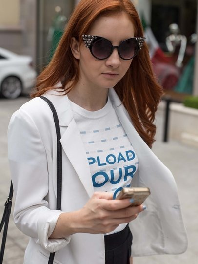 Woman Wearing a T-Shirt Template While Checking her Messages