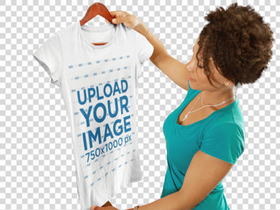 Transparent T-Shirt Mockup of a Young Woman Shopping at a Boutique