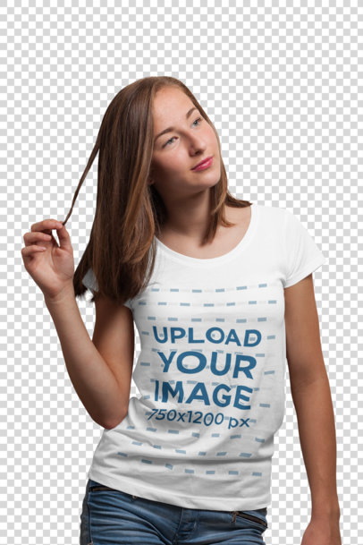 Transparent T-Shirt Mockup of a Woman Playing with Her Hair