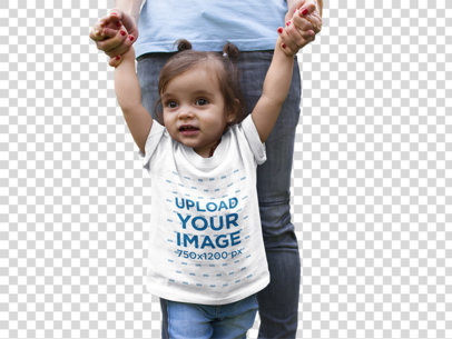 transparent t-shirt mockup of a baby girl walking with the help of her mom a16091