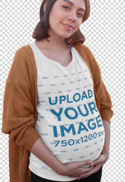 Transparent Tee Mockup of a Pregnant Woman Standing in a Balcony