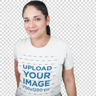Transparent T-Shirt Mockup Being Worn by a Middle Aged Hispanic Woman Smiling While in a Hallway