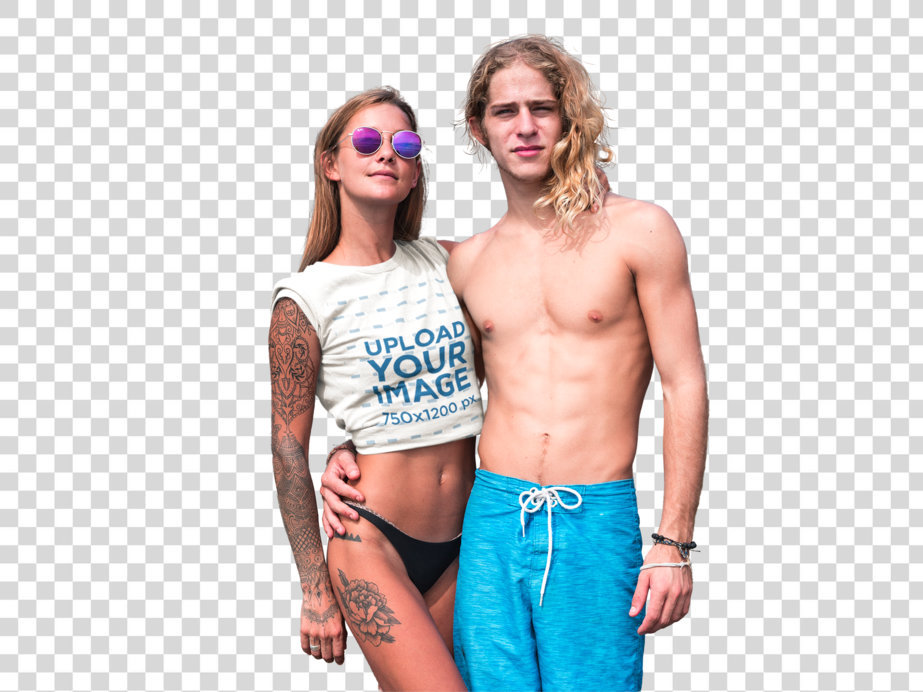 Transparent T-Shirt Mockup of a Young Fit Couple at the Beach