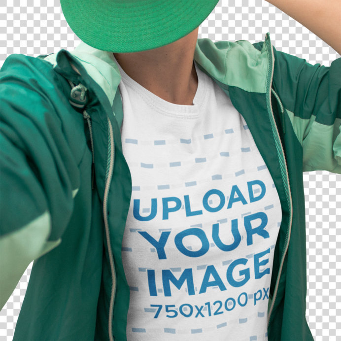 Transparent Selfie of a Woman Wearing Green Clothes and a Round Neck T-Shirt Mockup
