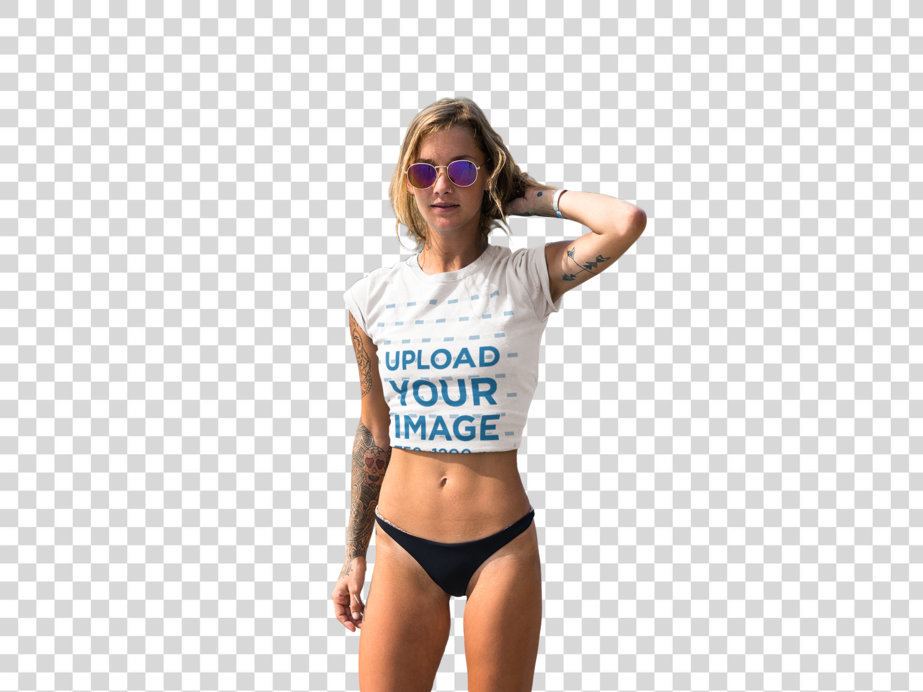 Transparent Woman Wearing a T-Shirt Mockup Walking at the Beach with her Friend