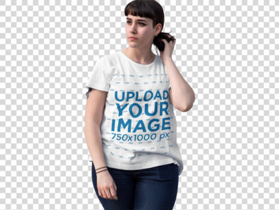 transparent t-shirt mockup of a woman wearing dark eyeliner while holding her hair a9826