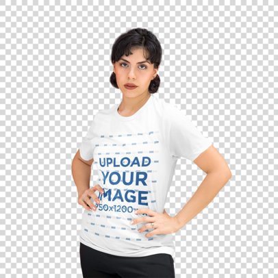 Transparent T-Shirt Mockup Featuring a Woman Standing in Front of a Patterned Wall 