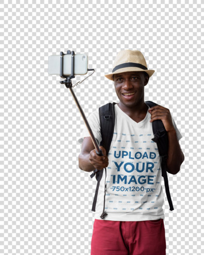 Transparent Mockup of a Tourist with a V-Neck Tee Taking a Selfie at the Train Station