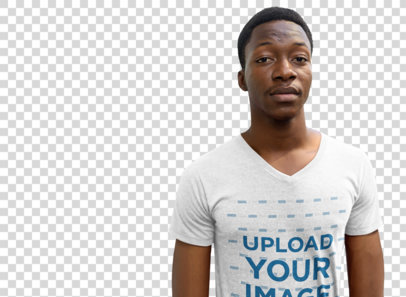 Transparent V-Neck T-Shirt Mockup Featuring a Serious Man in an Urban Setting