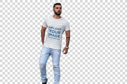 Transparent T-Shirt Mockup of a Bearded Man with an Arm Tattoo
