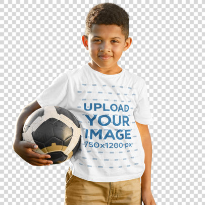 Transparent Round Neck T-Shirt Mockup of a Boy Holding a Soccer Ball
