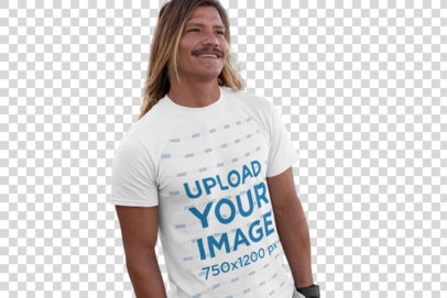 Transparent Mockup of a Cool Man Wearing a Tee on the Beach