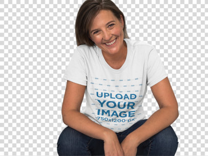 Transparent Very Happy Middle Aged Woman Sitting Down on Stairways Wearing a Round Neck T-Shirt Template