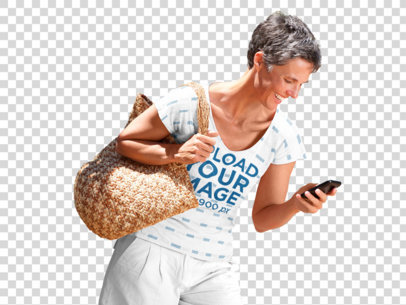 Transparent Mockup of a Short-Haired Woman with a Sublimated V-Neck Tee Checking Her Phone