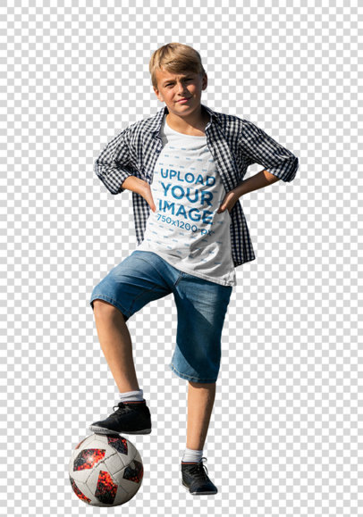 Transparent T-Shirt Mockup of a Boy at a Soccer Field