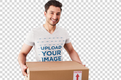 Transparent V-Neck T-Shirt Mockup of a Man Packing for a Move