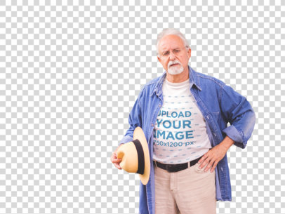Transparent T-Shirt Mockup of a White Senior Man Out by a Garden