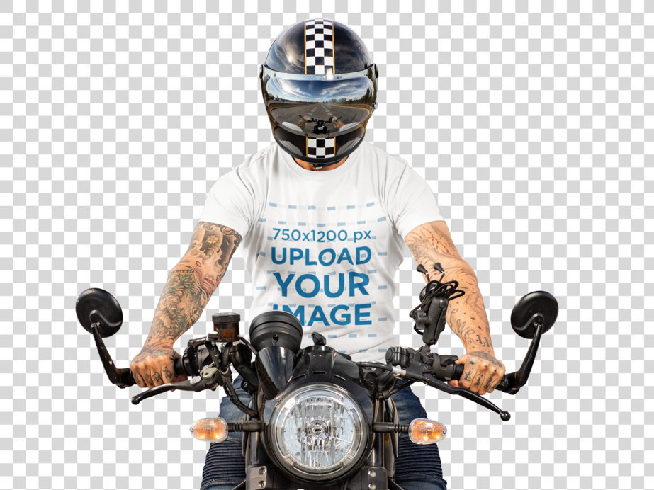 Transparent T-Shirt Mockup of a Tattooed Man Riding His Motorcycle