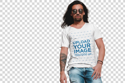 Transparent V-Neck Tee Mockup of a Long-Haired Man Posing with Sunglasses
