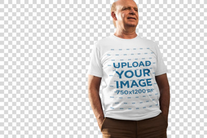 Transparent Mockup of an Elderly Man Wearing a T-Shirt Outdoors