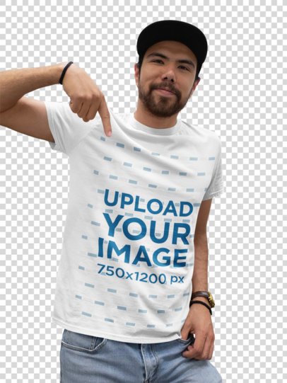 Transparent Mockup of a Happy Customer with a Cap at the End of a Staircase Pointing at His T-Shirt