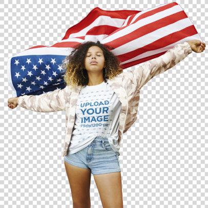 Transparent Mockup of a Woman with a Basic T-Shirt Waving an American Flag 