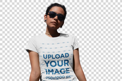 Transparent T-Shirt Mockup of a Woman with Sunglasses Looking Seriously at the Camera 18247