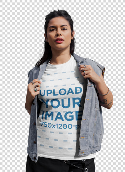 Transparent T-Shirt Mockup of a Cool Woman With a Denim Vest 22687