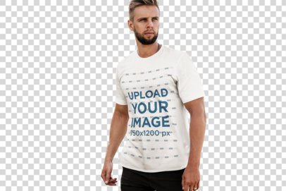 Transparent Mockup of a Serious Man Wearing a Customizable T-Shirt at a Beach Resort 