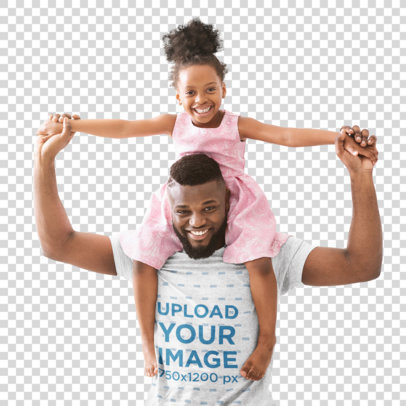 Transparent T-Shirt Mockup of a Happy Dad Carrying His Daughter on His Shoulders 