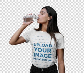 Transparent T-Shirt Mockup Featuring a Woman Drinking Water