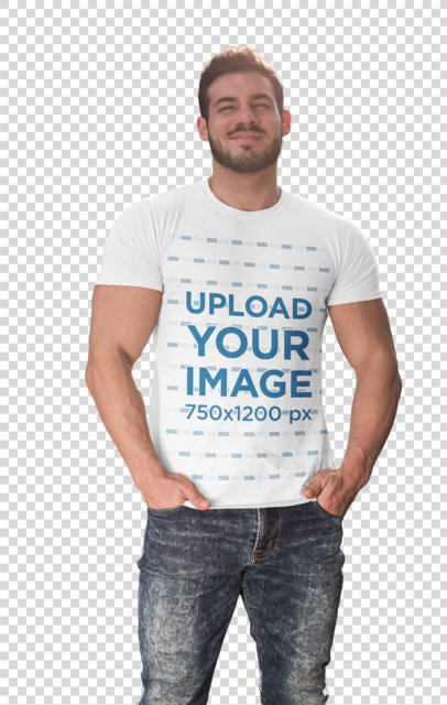 Transparent T-Shirt Mockup Featuring a Muscular Man with His Hands in His Pockets