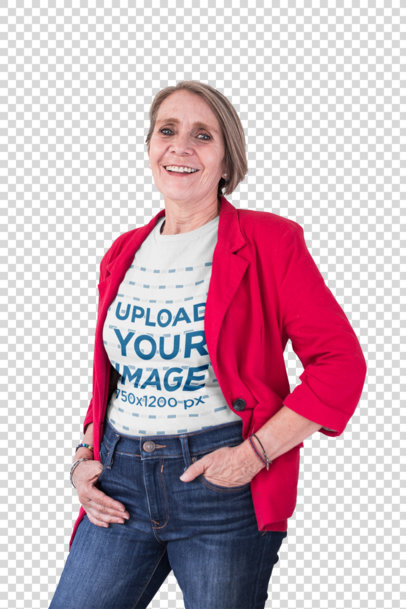 Transparent Smiling Elder Woman Wearing a T-Shirt Mockup and a Red Blazer a20668