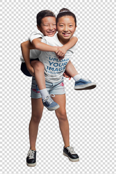 Transparent Asian Girl Wearing a Tshirt Mockup Carrying her Brother